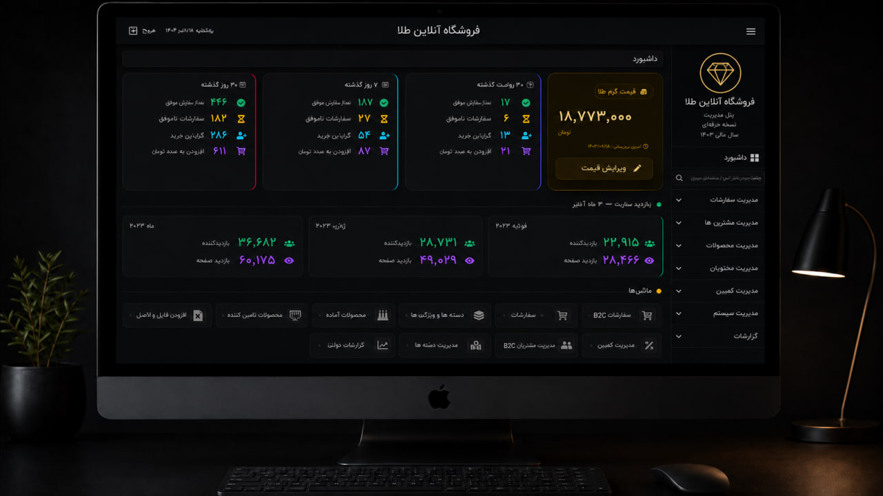 داشبورد مدیریت فروشگاه آنلاین طلا